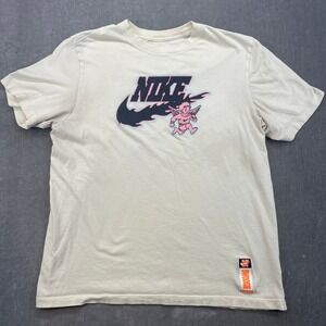 Nike Mens Large Cream Angel Cherub Flaming Swoosh Graphic T-Shirt Short Sleeve